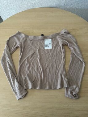 Ribbed Off-Shoulder Long Sleeve Top - Blush Tan